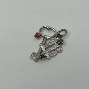 Vtg 925 Sterling Silver Sweet Sixteen 16 Birthday Key Charm w Gemstones | .8” L
